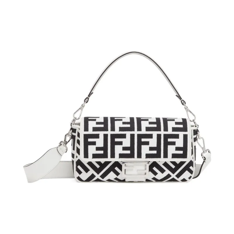 FENDI Baguette Embroidery Canvas Baguette Bag, Handbag, Shoulder Bag, Crossbody Bag Medium Size Women's Black/White-0