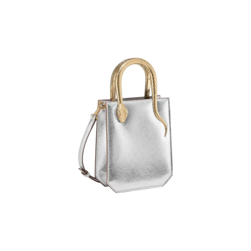 BVLGARI Serpentine Calfskin Tote Bag Shopping Bag Shoulder Bag Crossbody Bag Handbag Mini Women's Silver-1