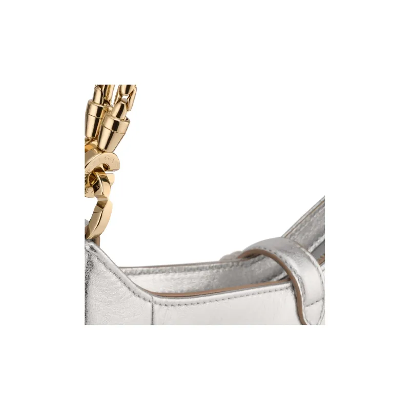 BVLGARI Serpentine Calfskin Handbag, Shoulder Bag Small Size Women's Silver-4