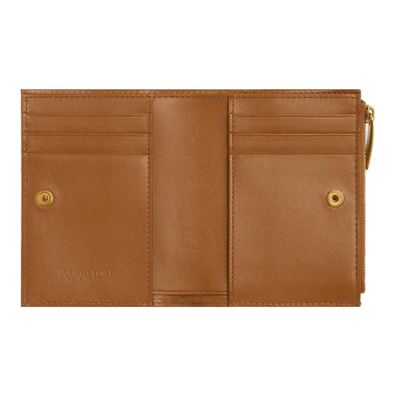 Bottega Veneta Small Bi Fold Zip Wallet Intreccio Wood-2