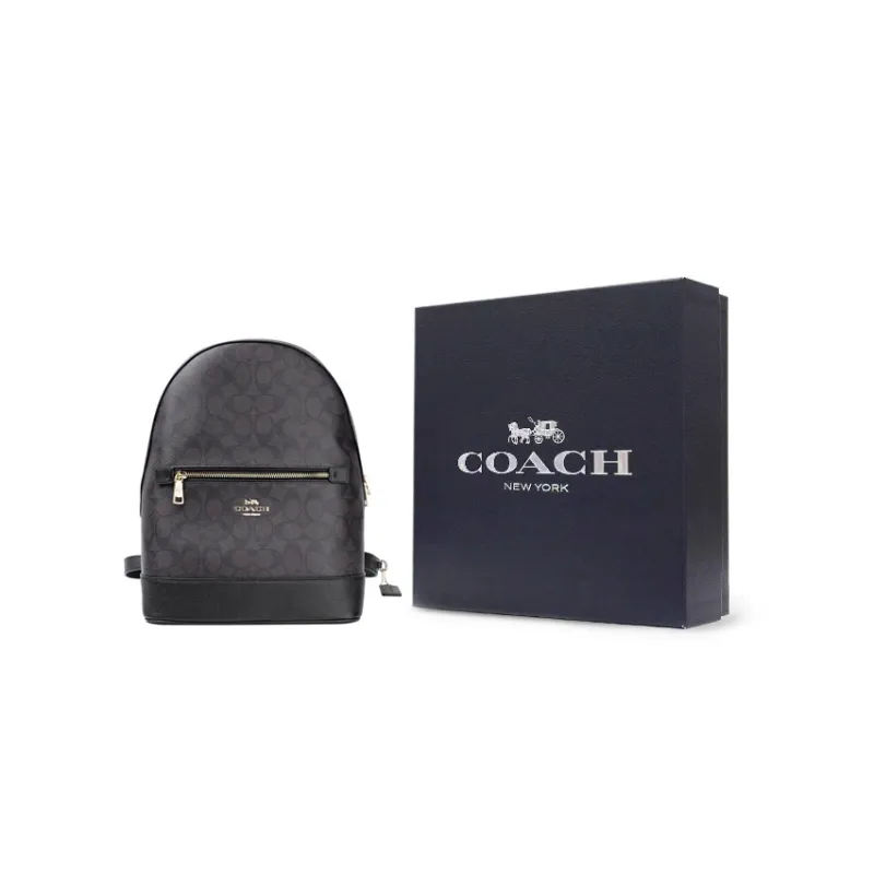 COACH Kenley Coated Canvas With Cross Grain Leather Backpack Medium Size Women's Dark Brown & Black Multicolor-5