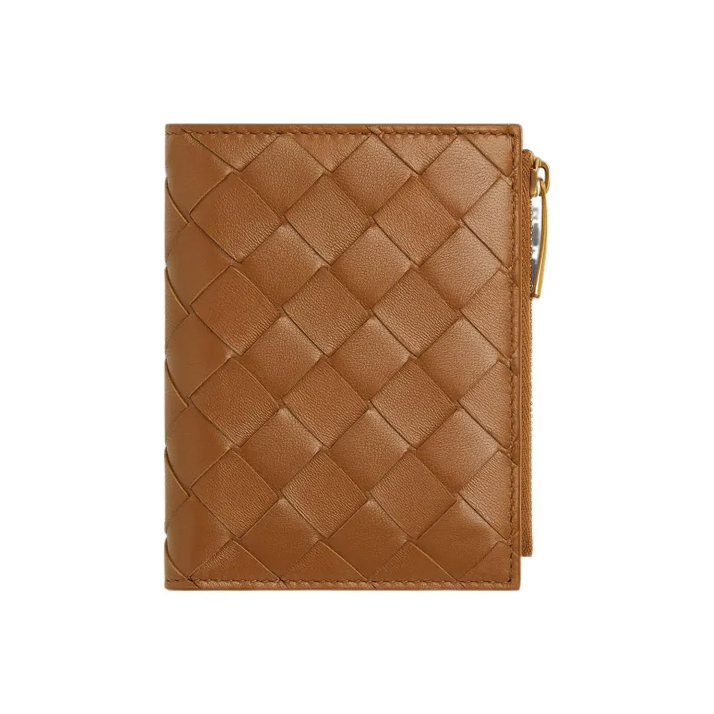 Bottega Veneta Small Bi Fold Zip Wallet Intreccio Wood-3