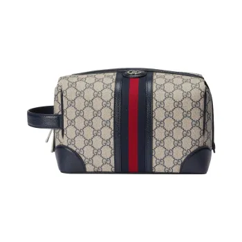 GUCCI Canvas With Leather Binding Toiletry Bag Women's Beige/Blue