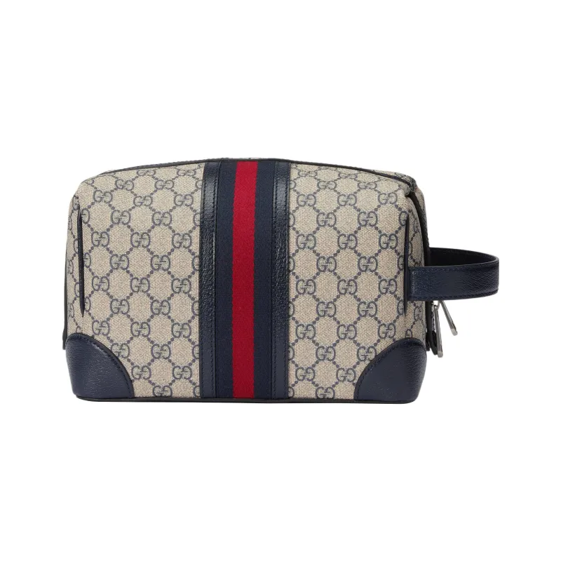 GUCCI Canvas With Leather Binding Toiletry Bag Women's Beige/Blue-3