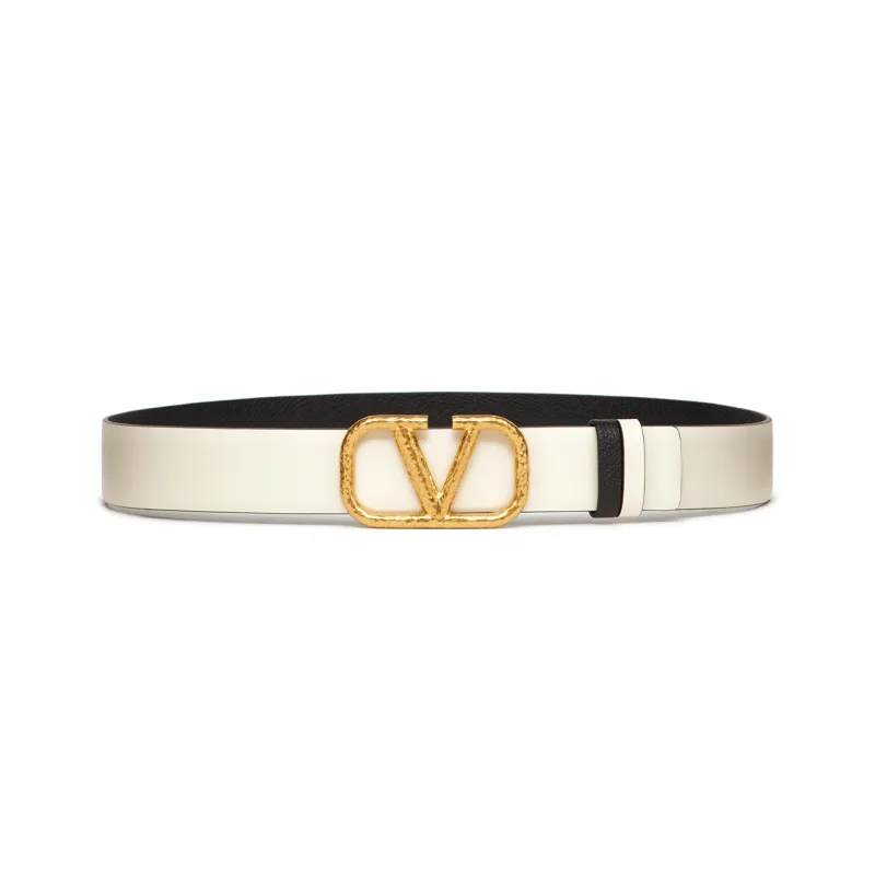 Valentino Forged Effect Smooth Buckle Calfskin Double Sided Belt Women's White/Black 3cm-0