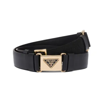 PRADA Triangle Logo Patchwork Design Smooth Buckle Leather Belts Women's Black