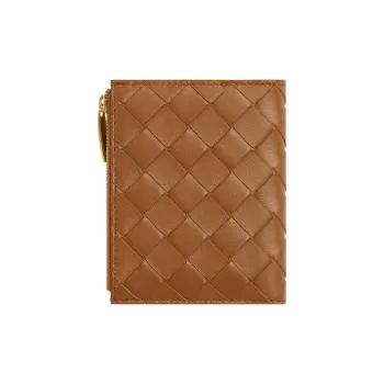 Bottega Veneta Small Bi Fold Zip Wallet Intreccio Wood