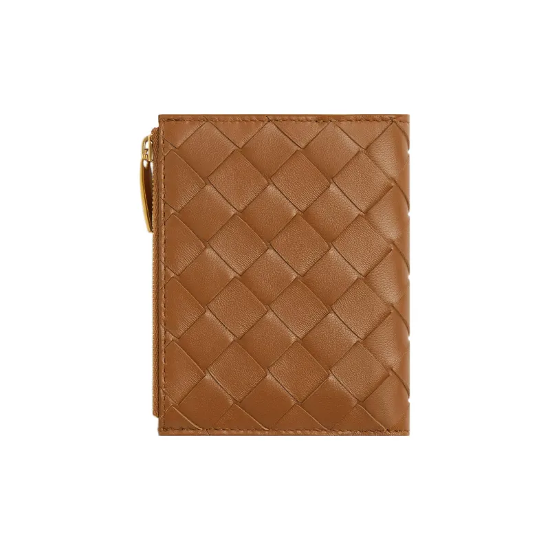 Bottega Veneta Small Bi Fold Zip Wallet Intreccio Wood-0