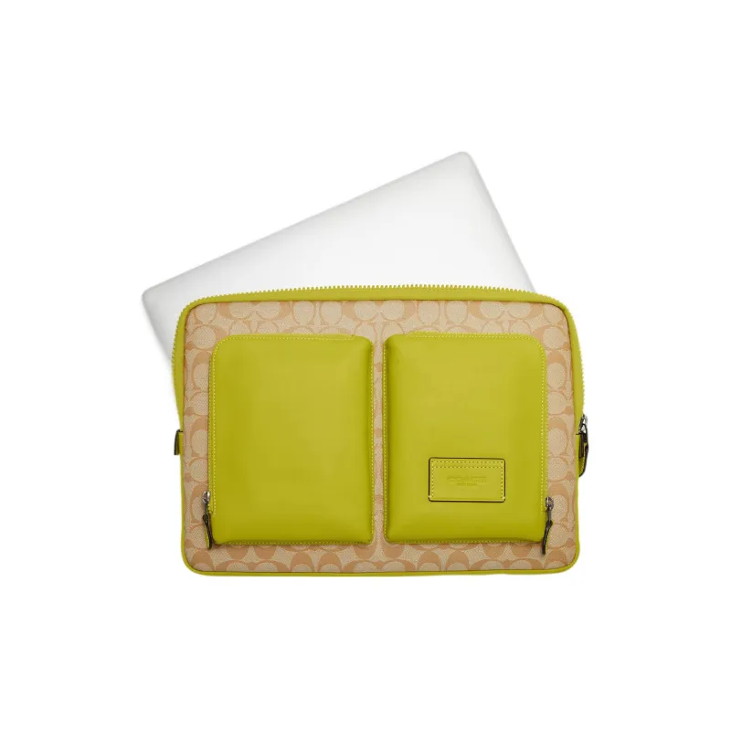 COACH Coated Canvas With Calfskin IPad Protective Cover Laptop Bag Tubas Men's Brown & Yellow-2