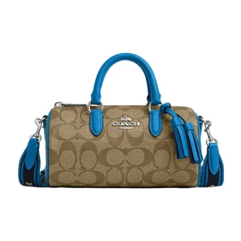 COACH Lacey Canvas With Leather Boston Bag, Shoulder Bag, Crossbody Bag, Handbag Trumpets Women's Dark Brown & Blue