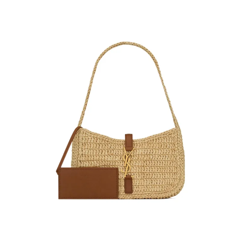 SAINT LAURENT LE5A7 Raffia Cow Leather Patchwork Fabric Hobo Bag Handbag Shoulder Bag Women's Natural-1