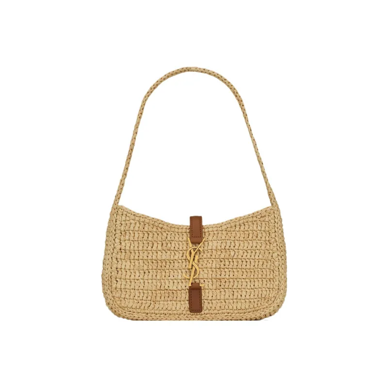 SAINT LAURENT LE5A7 Raffia Cow Leather Patchwork Fabric Hobo Bag Handbag Shoulder Bag Women's Natural-0