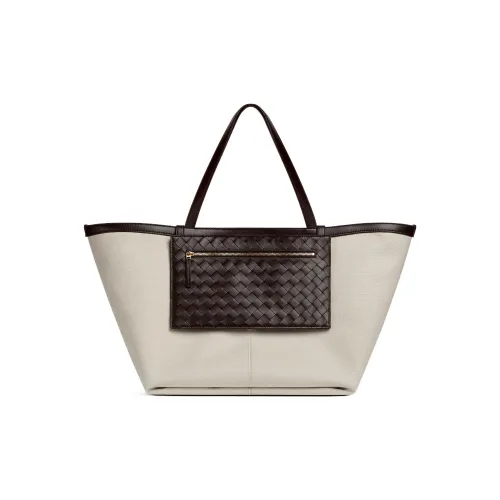 Bottega Veneta Canvas Bag, Tote Bag, Shopping Bag, Handbag Large Size Women's White/Dark Brown