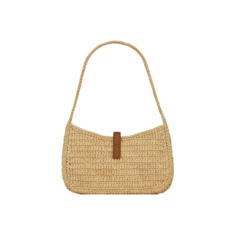 SAINT LAURENT LE5A7 Raffia Cow Leather Patchwork Fabric Hobo Bag Handbag Shoulder Bag Women's Natural-2