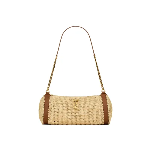 SAINT LAURENT Raffia Cow Leather Patchwork Fabric Handbag Shoulder Bag Women's Natural