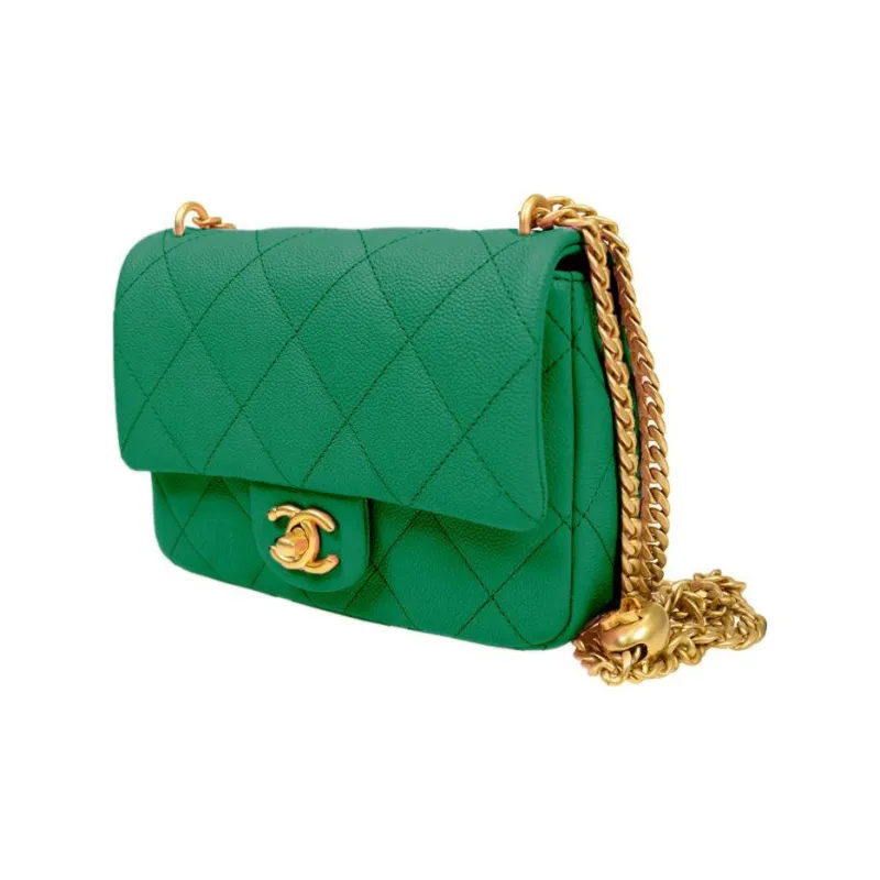 CHANEL 23P SS Grain Embossed Caviar Cow Leather Flap Bag, Shoulder Bag, Crossbody Bag Medium Size Women's Green-1