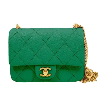 CHANEL 23P SS Grain Embossed Caviar Cow Leather Flap Bag, Shoulder Bag, Crossbody Bag Medium Size Women's Green