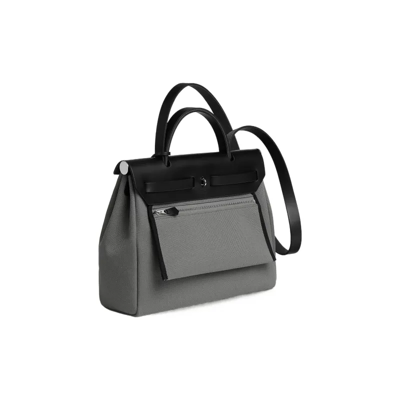 HERMES Herbag Zip Reversible Canvas With Cow Leather Handbag Shoulder Bag Crossbody Bag Women's Smoked Gray/Black-2