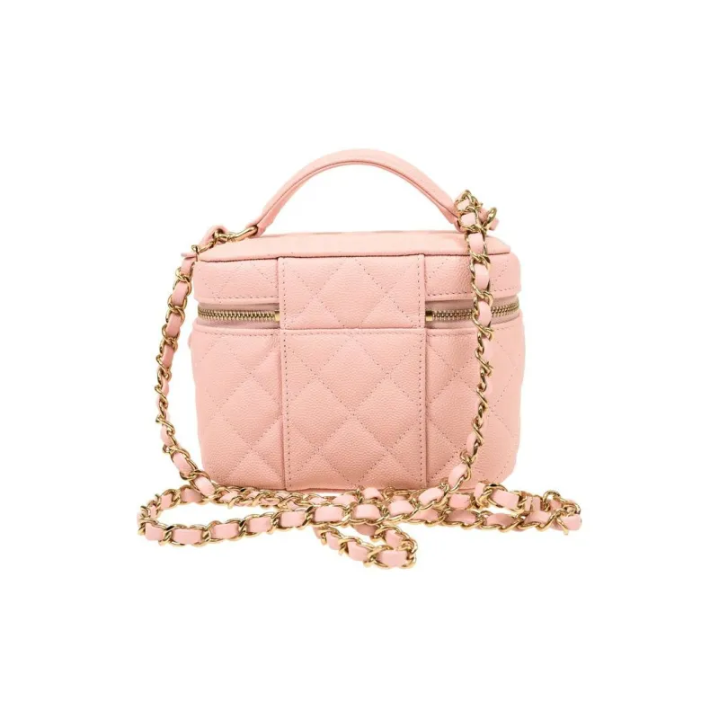 CHANEL 22SS Grain Embossed Cow Leather Box Bag, Makeup Bag, Handbag, Shoulder Bag, Crossbody Bag Trumpets Women's Pink-3