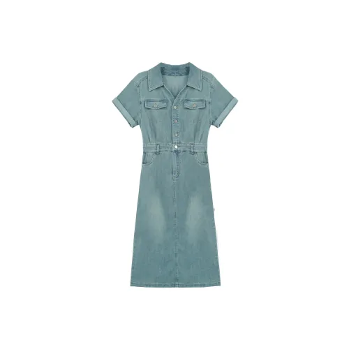 OYANXI Short-Sleeved Dresses Women's Denim Blue