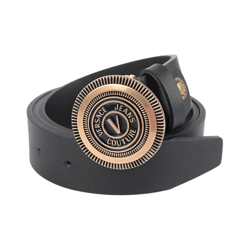 VERSACE Round Badge Smooth Buckle Leather Belts Men's Black Width 3.4cm-2