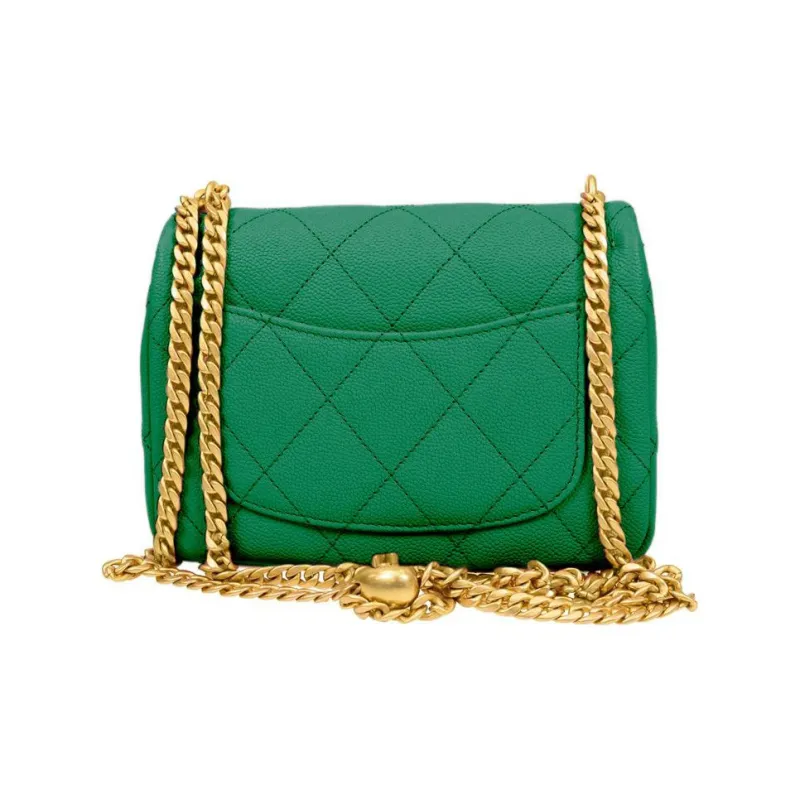 CHANEL 23P SS Grain Embossed Caviar Cow Leather Flap Bag, Shoulder Bag, Crossbody Bag Medium Size Women's Green-2