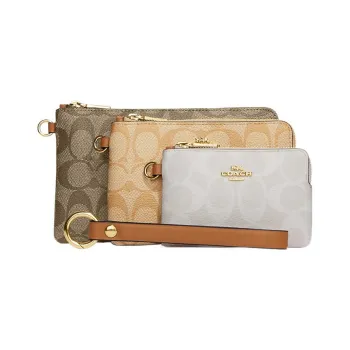 COACH Corner Zip Coated Canvas And Smooth Leather Wallet Wrist Bag Clutch Small Size Women's Multicolor