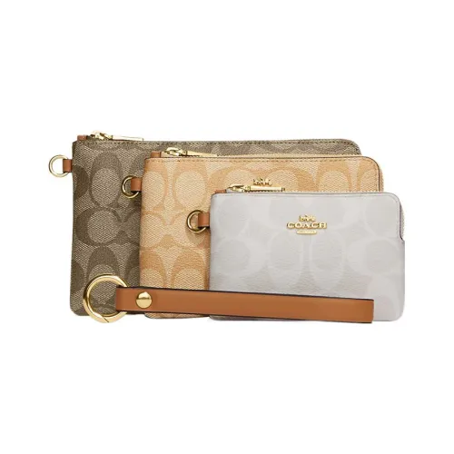 COACH Corner Zip Coated Canvas And Smooth Leather Wallet Wrist Bag Clutch Small Size Women's Multicolor