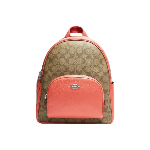 COACH Court Canvas With Leather Backpack Women's Orange And Brown