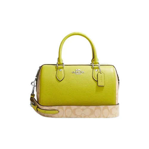 COACH Rowan Canvas With Pebbled Leather Boston Bag One Shoulder Handbags Women's Grass Green