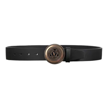 VERSACE Round Badge Smooth Buckle Leather Belts Men's Black Width 3.4cm