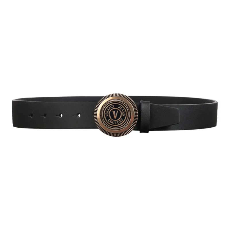 VERSACE Round Badge Smooth Buckle Leather Belts Men's Black Width 3.4cm-0