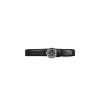 VERSACE Silver Logo Letter Smooth Buckle Leather Belts Men's Black 3.5cm
