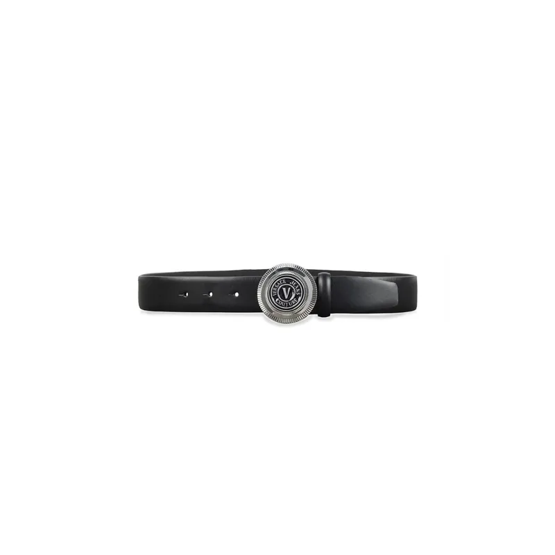 VERSACE Silver Logo Letter Smooth Buckle Leather Belts Men's Black 3.5cm-0