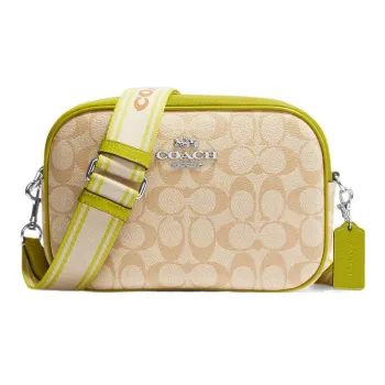 COACH Jamie Canvas With Leather Camera Bag Shoulder Bag Crossbody Bag Regular Women's Khaki With Lime Accents