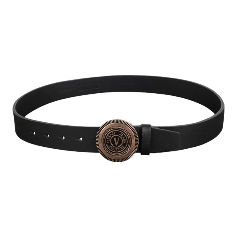 VERSACE Round Badge Smooth Buckle Leather Belts Men's Black Width 3.4cm-3