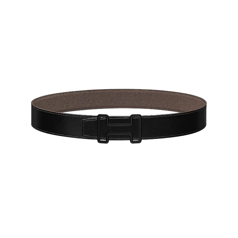 HERMES Comfortable Durable Black Smooth Buckle Double-Sided Leather Leather Belts Men's Black/Tin Gray Width: 3.8cm-0