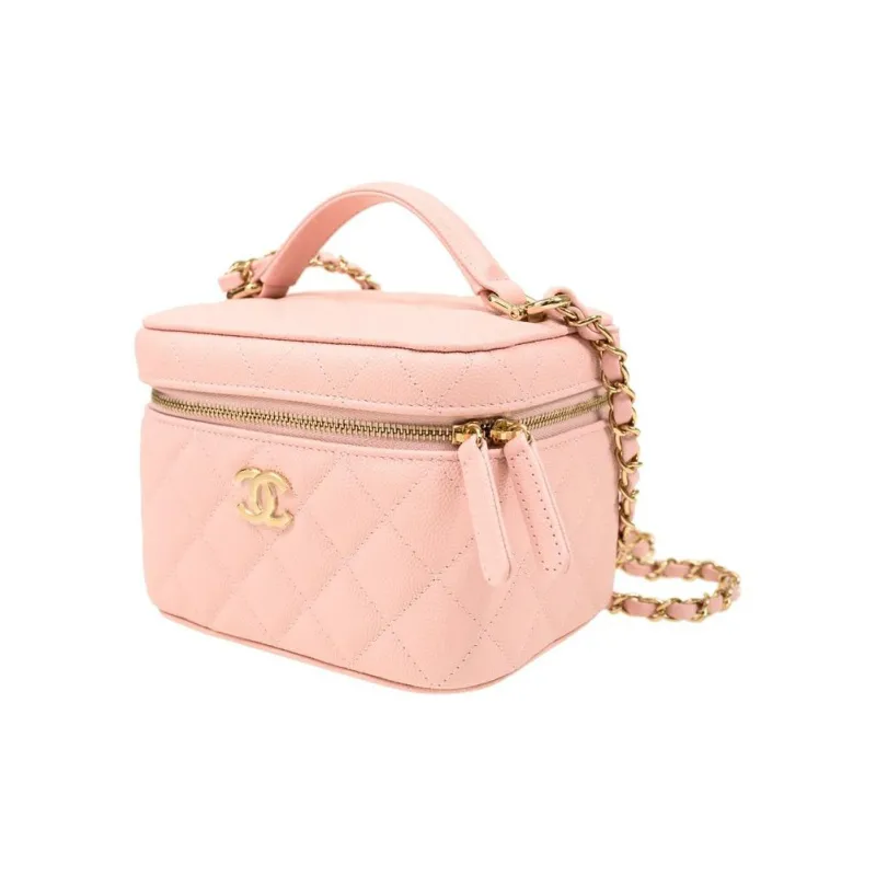 CHANEL 22SS Grain Embossed Cow Leather Box Bag, Makeup Bag, Handbag, Shoulder Bag, Crossbody Bag Trumpets Women's Pink-1