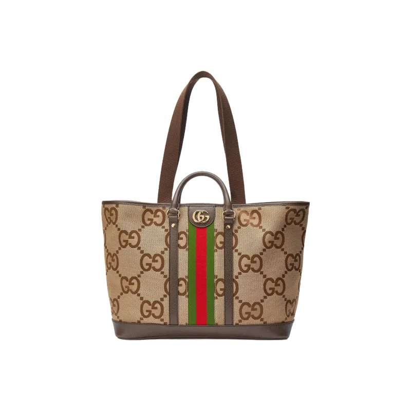 GUCCI Canvas With Leather Tote Bag Shopping Bag Handbag Medium Size Women's Camel/Ebony-1