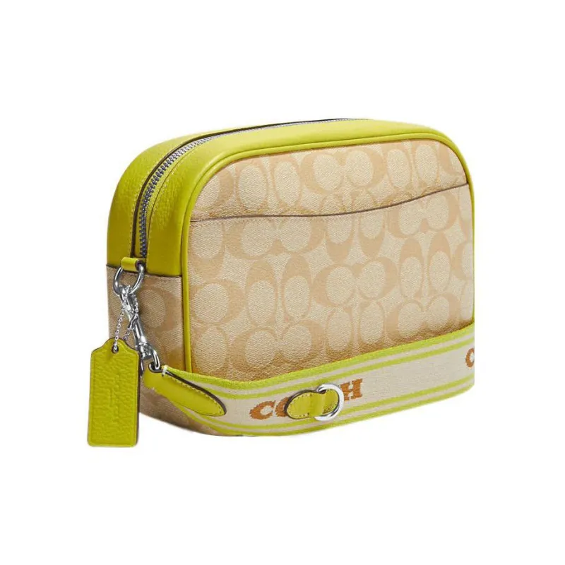 COACH Jamie Canvas With Leather Camera Bag Shoulder Bag Crossbody Bag Regular Women's Khaki With Lime Accents-1