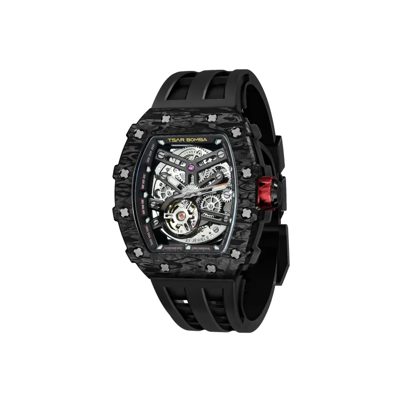 TSAR BOMBA Automatic Mechanical Movement Silicone Strap Watch Men's Watches Black Dial-0