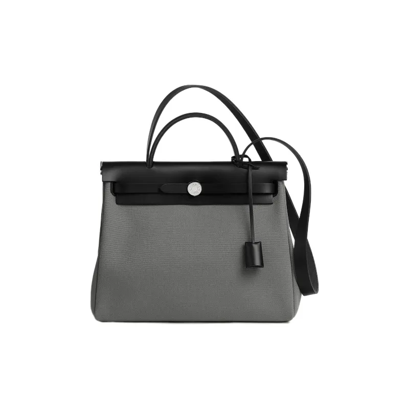 HERMES Herbag Zip Reversible Canvas With Cow Leather Handbag Shoulder Bag Crossbody Bag Women's Smoked Gray/Black-0