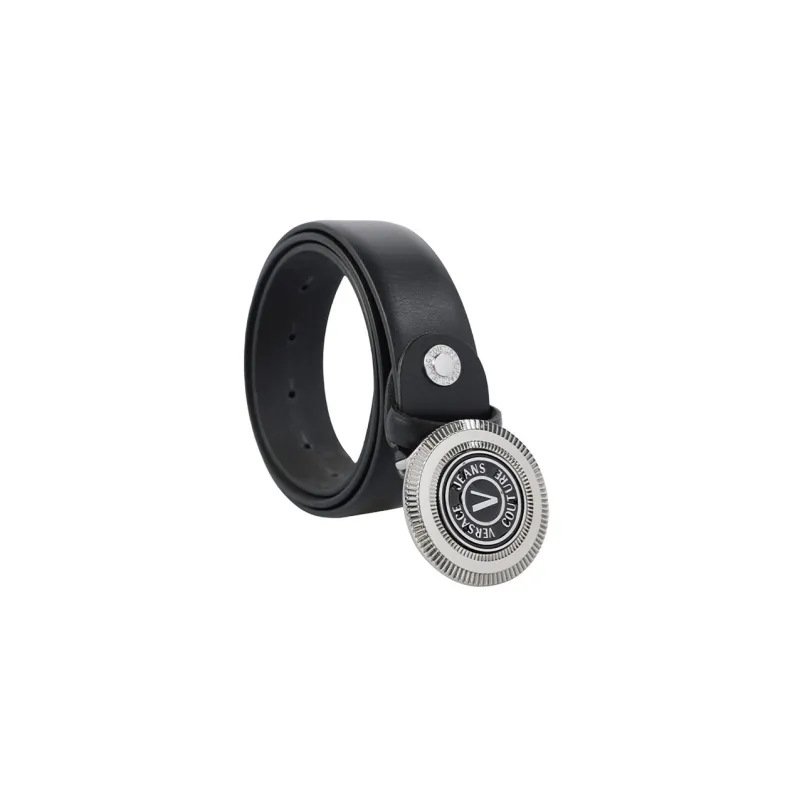 VERSACE Silver Logo Letter Smooth Buckle Leather Belts Men's Black 3.5cm-3