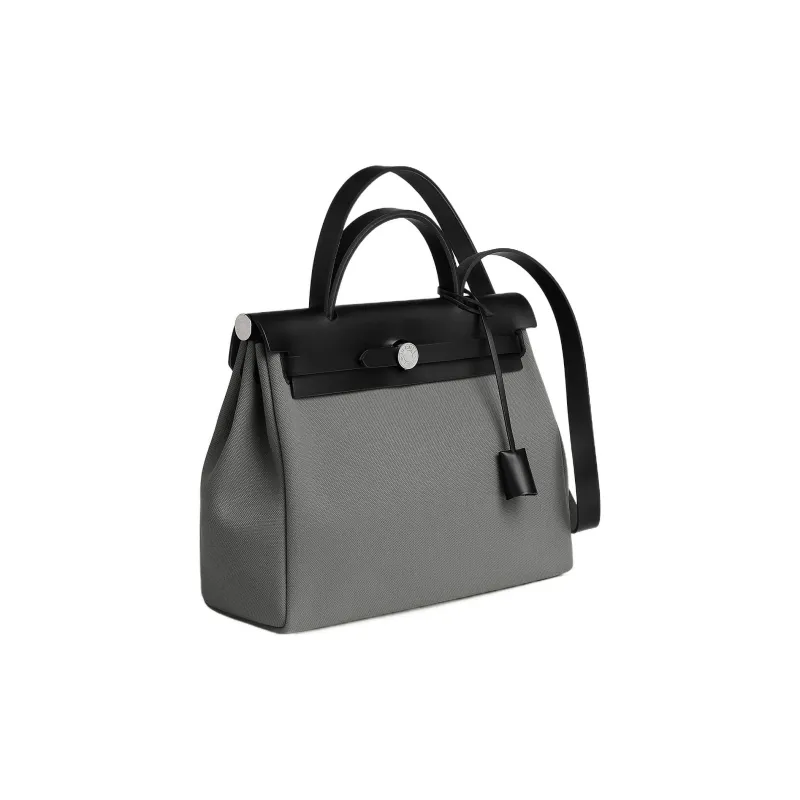 HERMES Herbag Zip Reversible Canvas With Cow Leather Handbag Shoulder Bag Crossbody Bag Women's Smoked Gray/Black-1