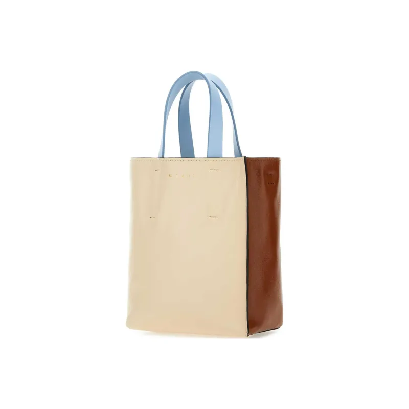 MARNI Museo Calfskin Tote Bag, Shopping Bag, Shoulder Bag, Crossbody Bag, Handbag Mini Women's Beige/Brown/Light Blue-1