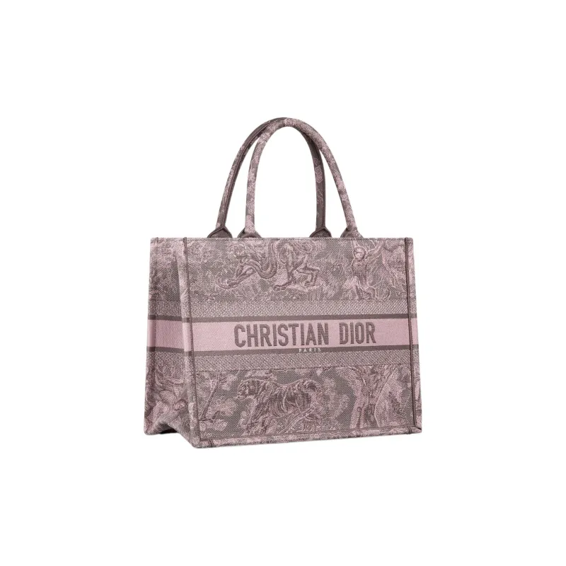 DIOR Embroidery Tote Bag, Shopping Bag, Handbag Medium Size Women's Gray/Pink-1
