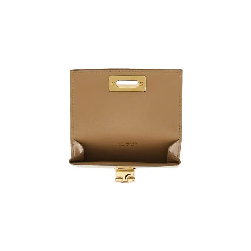 FERRAGAMO GANCINI Smooth Cow Leather Card Holder Women's Light Brown-3