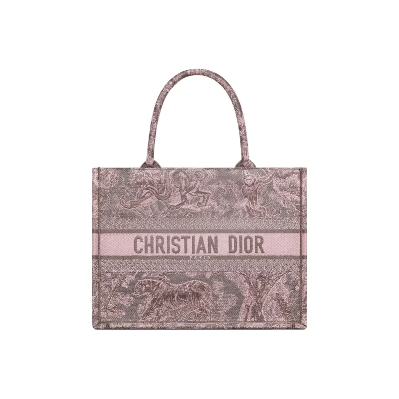 DIOR Embroidery Tote Bag, Shopping Bag, Handbag Medium Size Women's Gray/Pink-0