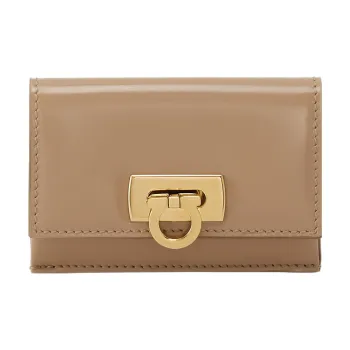 FERRAGAMO GANCINI Smooth Cow Leather Card Holder Women's Light Brown