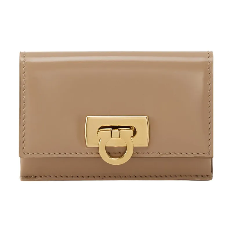 FERRAGAMO GANCINI Smooth Cow Leather Card Holder Women's Light Brown-0